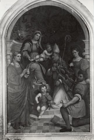 Anonimo — Bordone Paris - sec. XVI - Madonna con Bambino in trono e santi — insieme